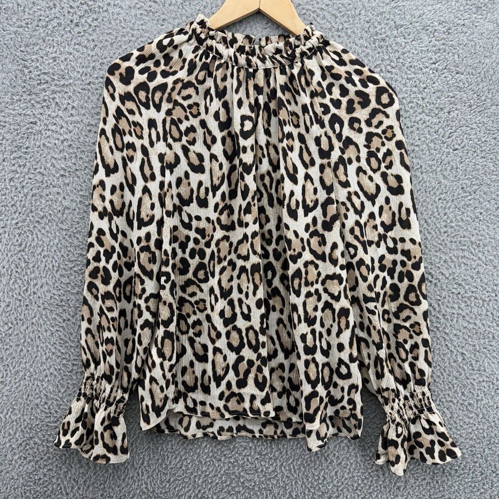 Loft Top Womens Size M Brown Animal Print Ruffled Short Sleeve Semi Sheer Blouse